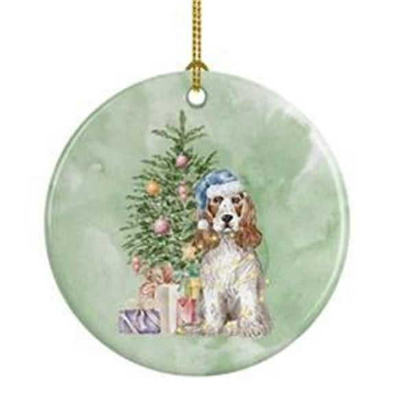 2.8 x 2.8 in. Unisex Cocker Spaniel English Red & White Christmas Presents & Tree Ceramic Ornament, Multi Color