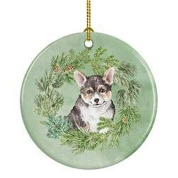 2.8 x 2.8 in. Unisex Corgi Tricolor Puppy Christmas Wreath Ceramic Ornament