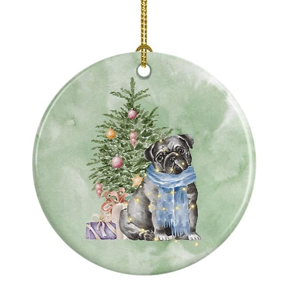 2.8 x 2.8 in. Unisex Pug Black Christmas Presents & Tree Ceramic Ornament, Multi Color