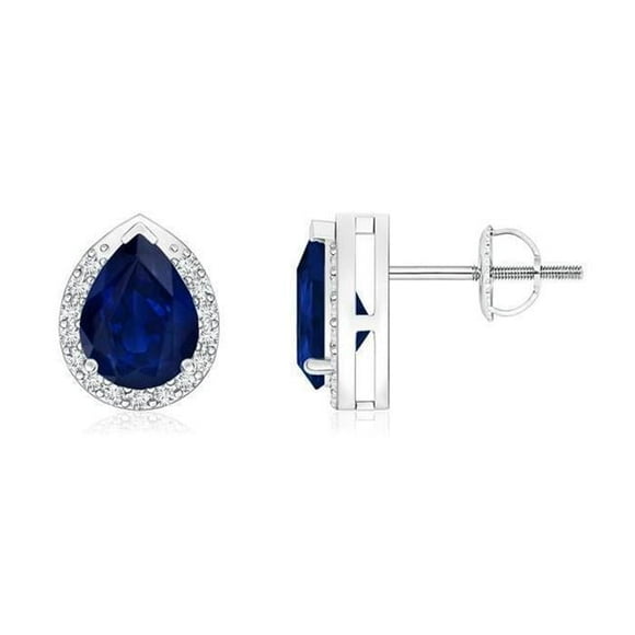 2.80 CT Pear Ceylon Blue Sapphire Round Diamond Stud Earring, 14K White Gold