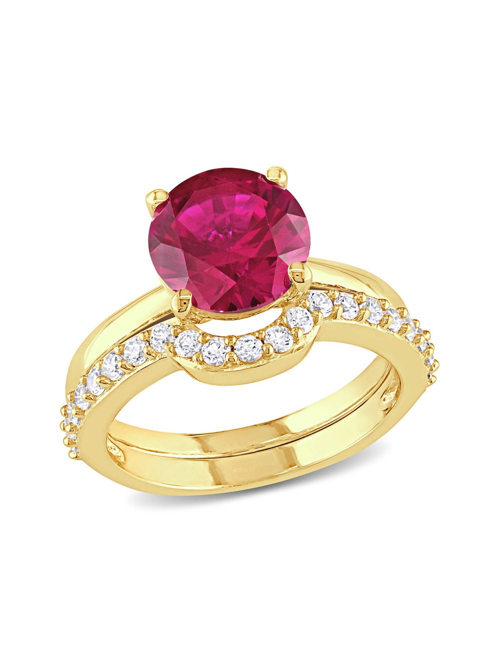 2.80 Carat (Ctw) Lab-Created Ruby and White Sapphire with Bridal Wedding Set Engagement Ring 10K Yellow Gold for Women