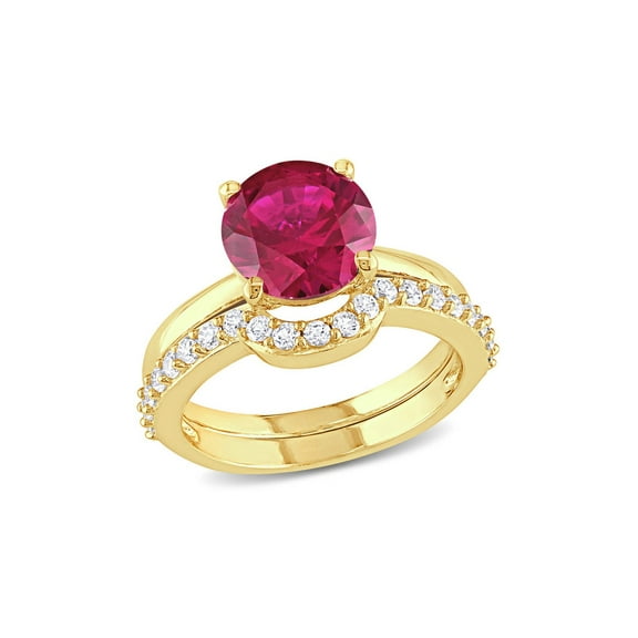 2.80 Carat (Ctw) Lab-Created Ruby and White Sapphire with Bridal Wedding Set Engagement Ring 10K Yellow Gold for Women