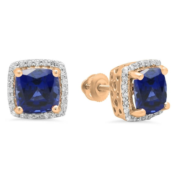 2.80 Carat (ctw) 14K Rose Gold Cushion Cut Blue Sapphire & Round Cut White Diamond Ladies Square Frame Halo Stud Earring