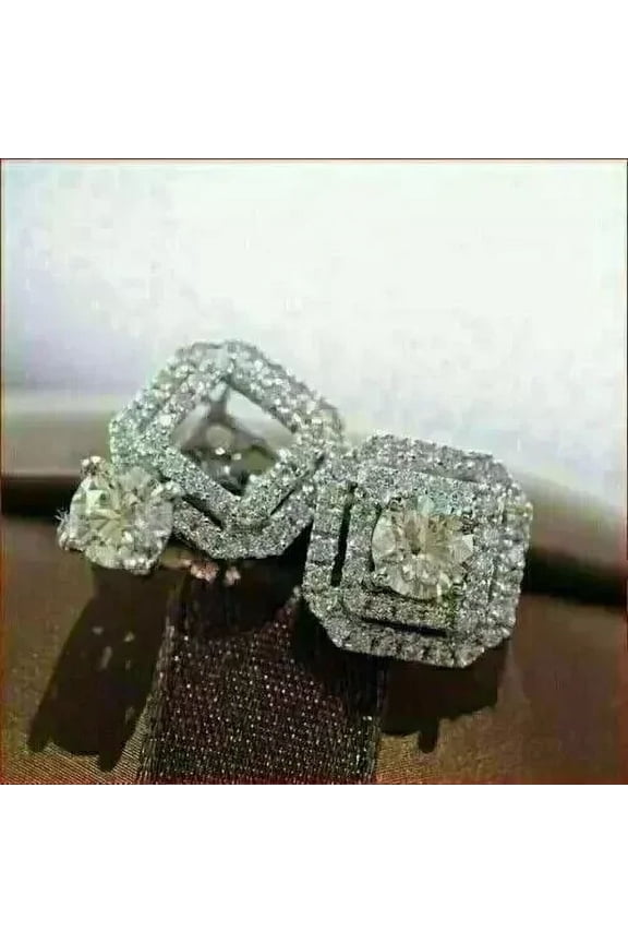 2.80 Ct Round Cut White Diamond 14K White Gold Plated Halo Stud Jacket Earrings