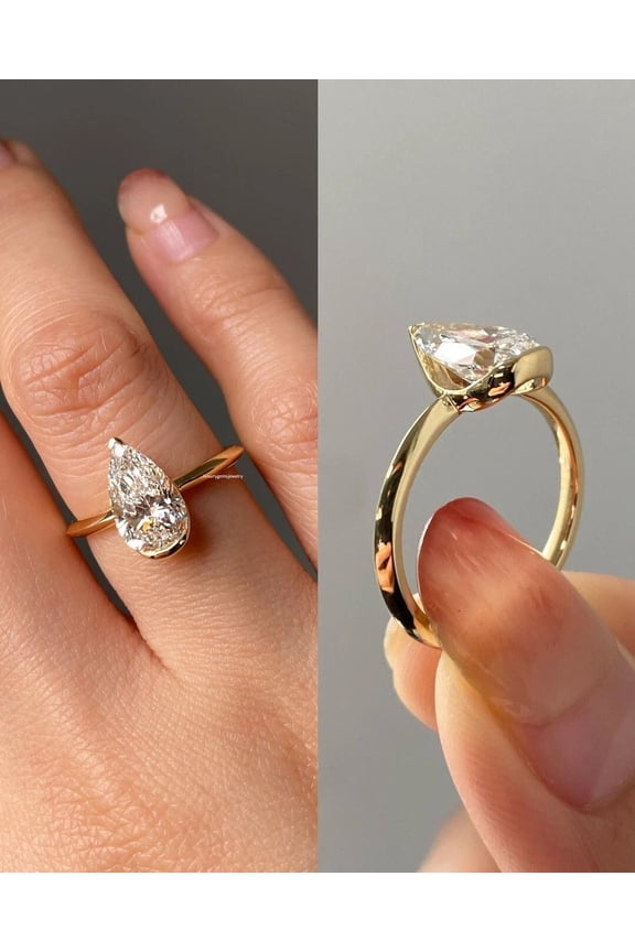 2.80Ct Pear Cut Real Moissanite Solitaire Engagement Ring 14K Yellow Gold Plated,925 Silver