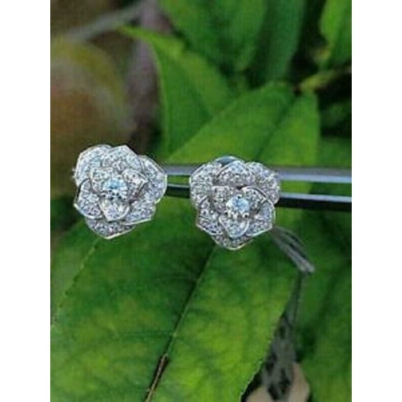 2.80Ct Round Lab-Created Diamond Flower Stud Earrings 14k In White Gold Finish