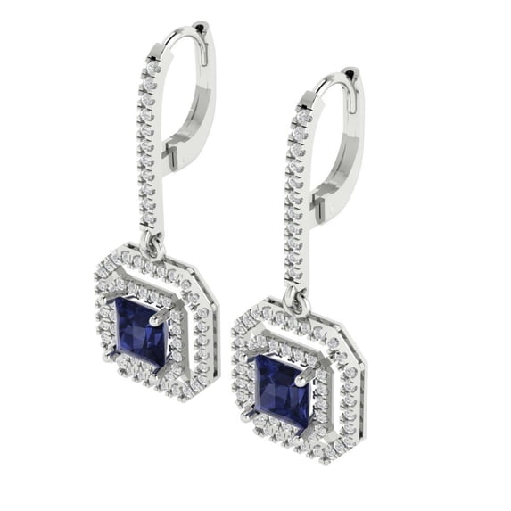 2.82 Ct Princess Cut Halo Drop Dangle Blue Sapphire 18K White Solid Solid Gold Everyday Dainty Earrings Lever Back