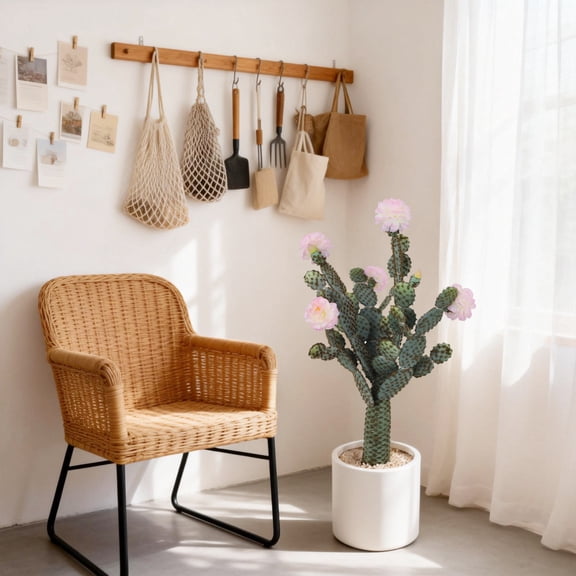 2.82 Ft Artificial Cactus Plant, Green with Pink Blossoms, UV Resistant Faux Saguaro for Indoor Outdoor Decor