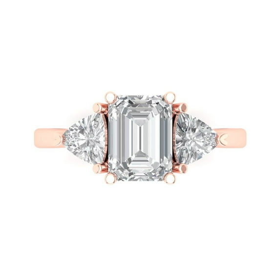 Clara Pucci 14K Rose Gold Solid Gold Moissanite Three-Stone Anniversary Ring for Women - 2.82 cttw Emerald Cut