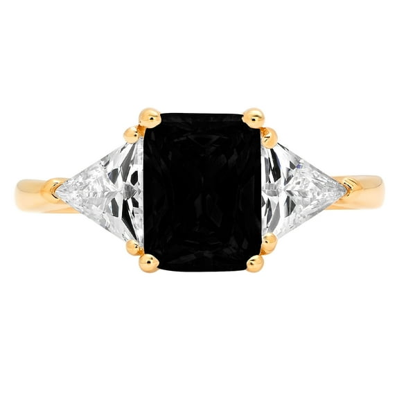 2.82 ct Emerald Cut Natural Onyx 3 Stone 14K Yellow Gold Womens Engagement Ring