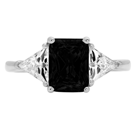 2.82 ct Emerald Cut Natural Onyx 3 Stone 18K White Gold Womens Engagement Ring