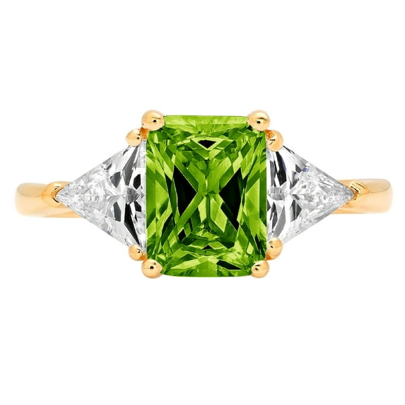 2.82 ct Emerald Cut Natural Peridot 3 Stone 18K Yellow Gold Womens Engagement Ring