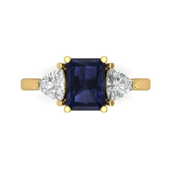 2.82 ctw 3 Stone Anniversary Ring for Women | Emerald Cut Simulated Blue Sapphire | Hyperallergenic Solid 18K Yellow Gold