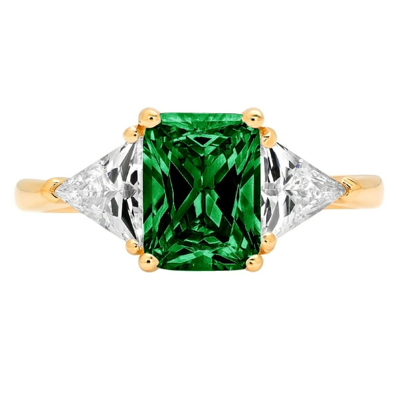 2.82 ct Emerald Cut Simulated Emerald 3 Stone 14K Yellow Gold Womens Engagement Ring