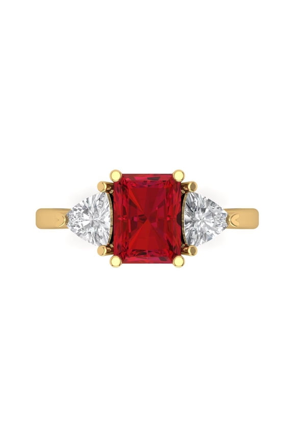 2.82 ct Emerald Cut Simulated Ruby Three-Stone Engagement Ring for Women in 14K Yellow Gold