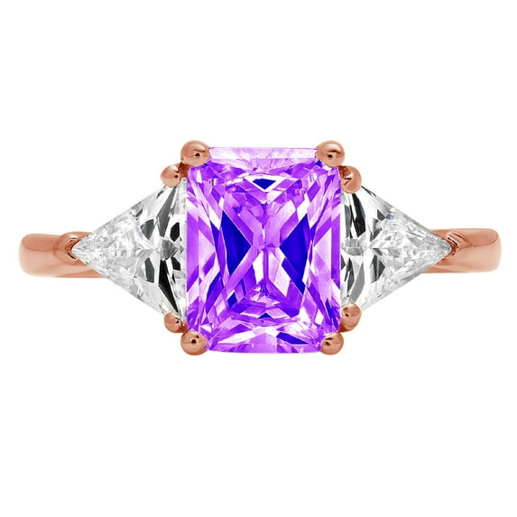 2.82 ct Emerald Cut Natural Amethyst 3 Stone 14K Rose Gold Womens Engagement Ring