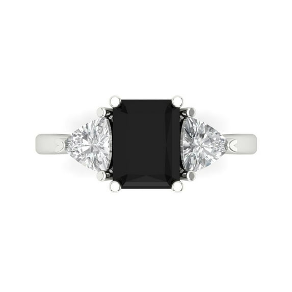 2.82 ct Emerald Cut Natural Onyx 3 Stone 18K White Gold Womens Engagement Ring