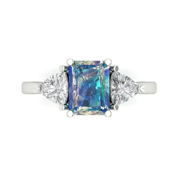 2.82 ct Emerald Cut Blue Moissanite 3 Stone 14K White Gold Womens Engagement Ring