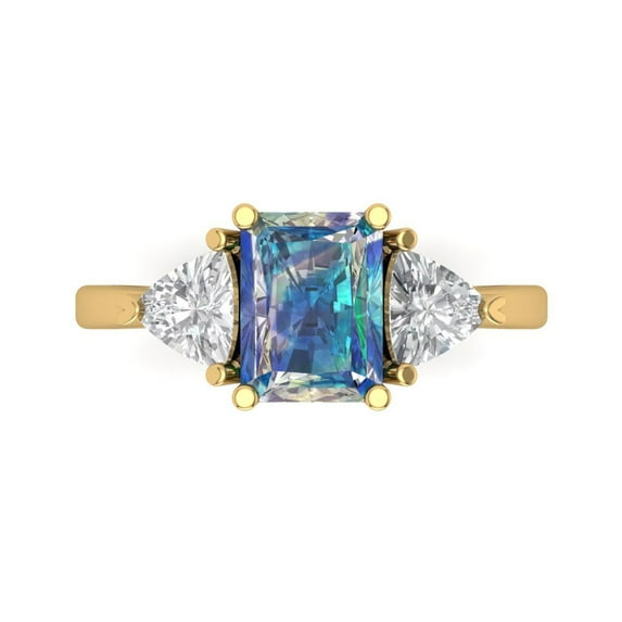 2.82 ct Emerald Cut Blue Moissanite 3 Stone 18K Yellow Gold Womens Engagement Ring