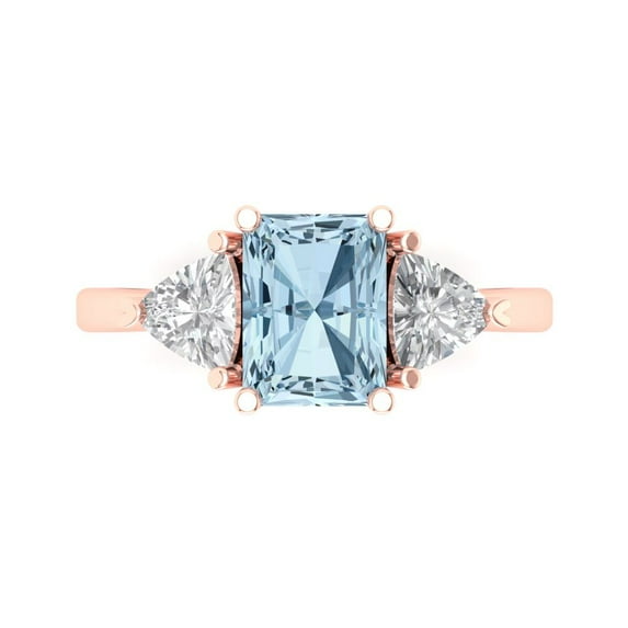Clara Pucci 14K Rose Gold Solid Gold Aquamarine Three-Stone Anniversary Ring for Women - 2.82 cttw Emerald Cut