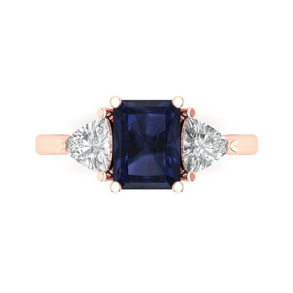 2.82 ctw 3 Stone Anniversary Ring for Women | Emerald Cut Simulated Blue Sapphire | Hyperallergenic Solid 18K Rose Gold