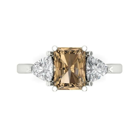 2.82 ctw 3 Stone Anniversary Ring for Women | Emerald Cut Simulated Champagne Diamond | Hyperallergenic Solid 18K White Gold