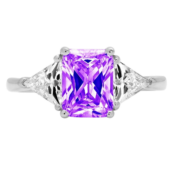 2.82 ct Emerald Cut Natural Amethyst 3 Stone 18K White Gold Womens Engagement Ring