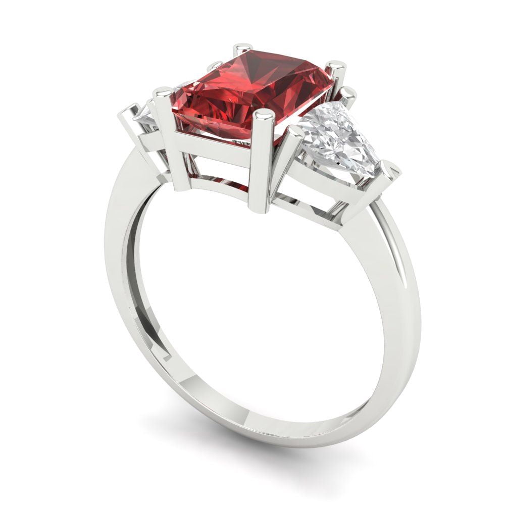 Emraed Red 2.82ct emerald cut red natural garnet 18k white gold 3 stoneBridal ...