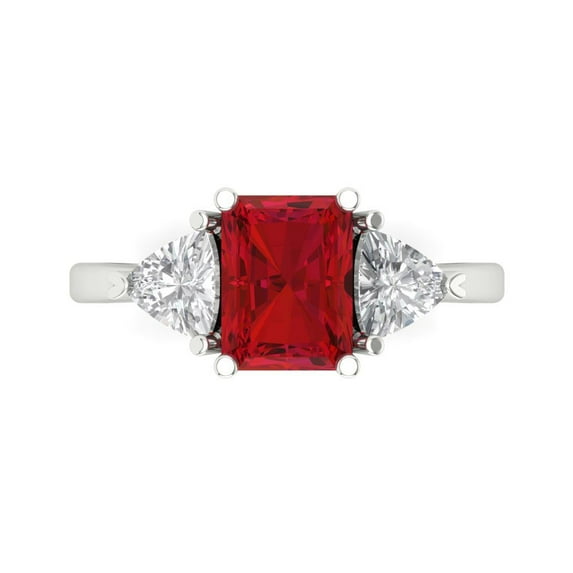 2.82 ct Emerald Cut Simulated Ruby 3 Stone 18K White Gold Womens Engagement Ring