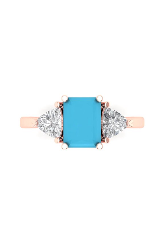 2.82 ct Emerald Cut Simulated Turquoise 3 Stone 14K Rose Gold Womens Engagement Ring