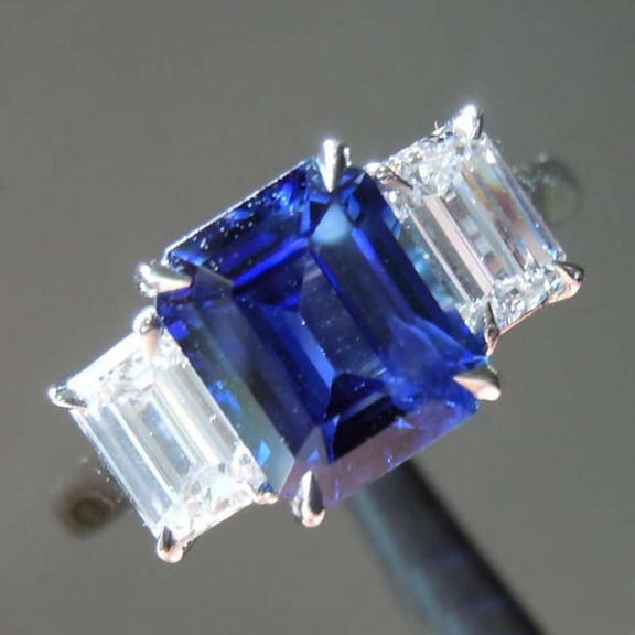 2.84 Ct Emerald Cut Genuine Blue Sapphire Diamond Beautiful Three Stone Ring for Wedding 14K White Gold Size 10.5