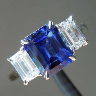 2.84 Ct Emerald Cut Genuine Blue Sapphire Diamond Beautiful Three Stone Ring for Wedding 14K White Gold Size 4.5