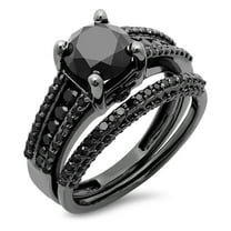2.85 Carat (ctw) Black Rhodium Plated Sterling Silver Black Diamond Ladies Bridal Engagement Ring Set