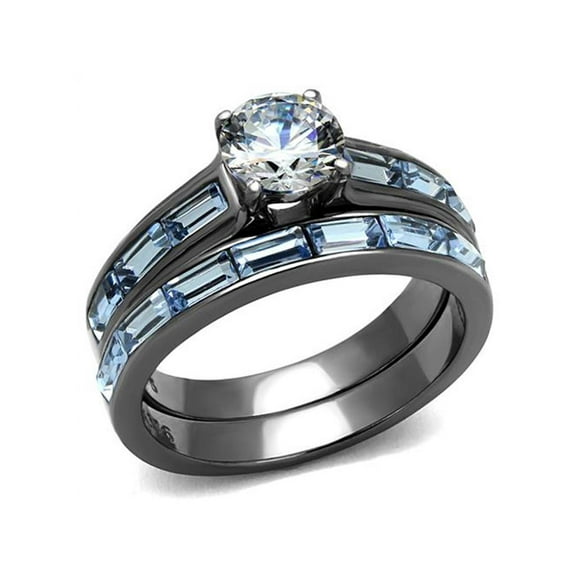 2.85Ct Clear and Sea Blue Cz Gray Stainless Steel Wedding Ring Set Women's Size 10