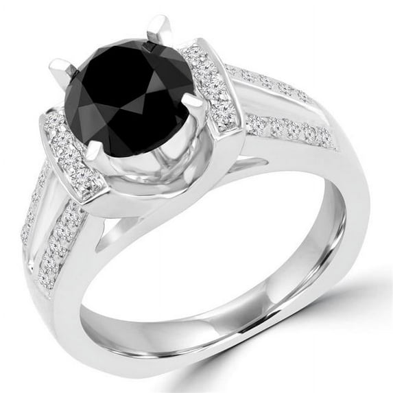 2.87 CTW Round Black Diamond Solitaire with Accents Engagement Ring in 14K White Gold - Size 3.75