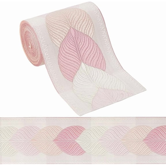 2.87 Inch Pink Embroidered Ribbon Wide Polyester Embroidery Jacquard Ribbons Ethnic Boho Leaf Pattern Woven Fabric Applique Trim Tape