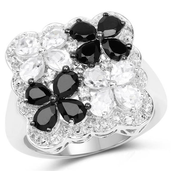 HauteFacets QJ430602-5 2.88 Carat Genuine White Topaz & Black Spinel 0.925 Sterling Silver Ring