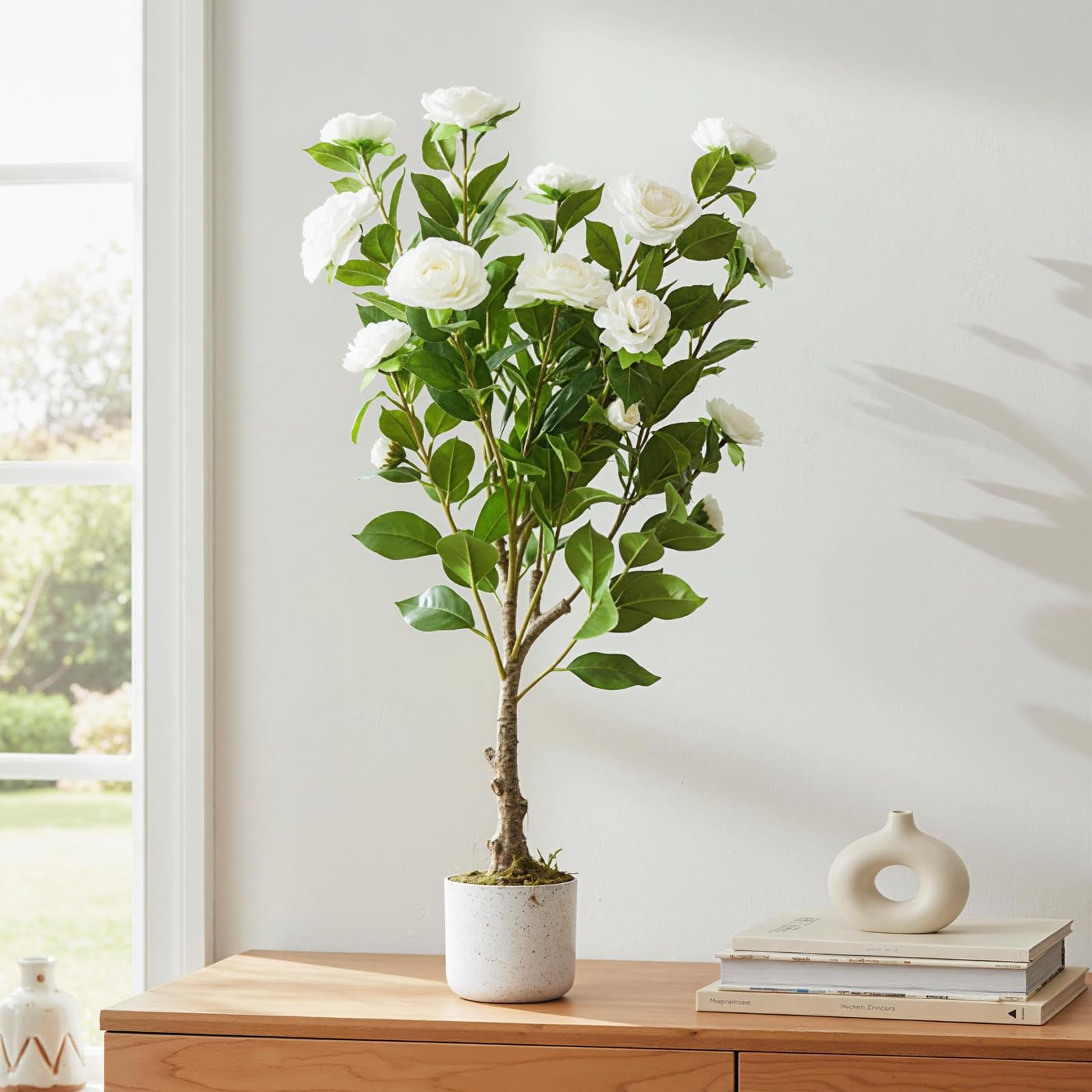 2.8FT Artificial Camellia Tree, Realistic Faux Plant in Pot with Flowers, Artificial Plants for Spring Home Decor Outdoor Porch Front Door Decor