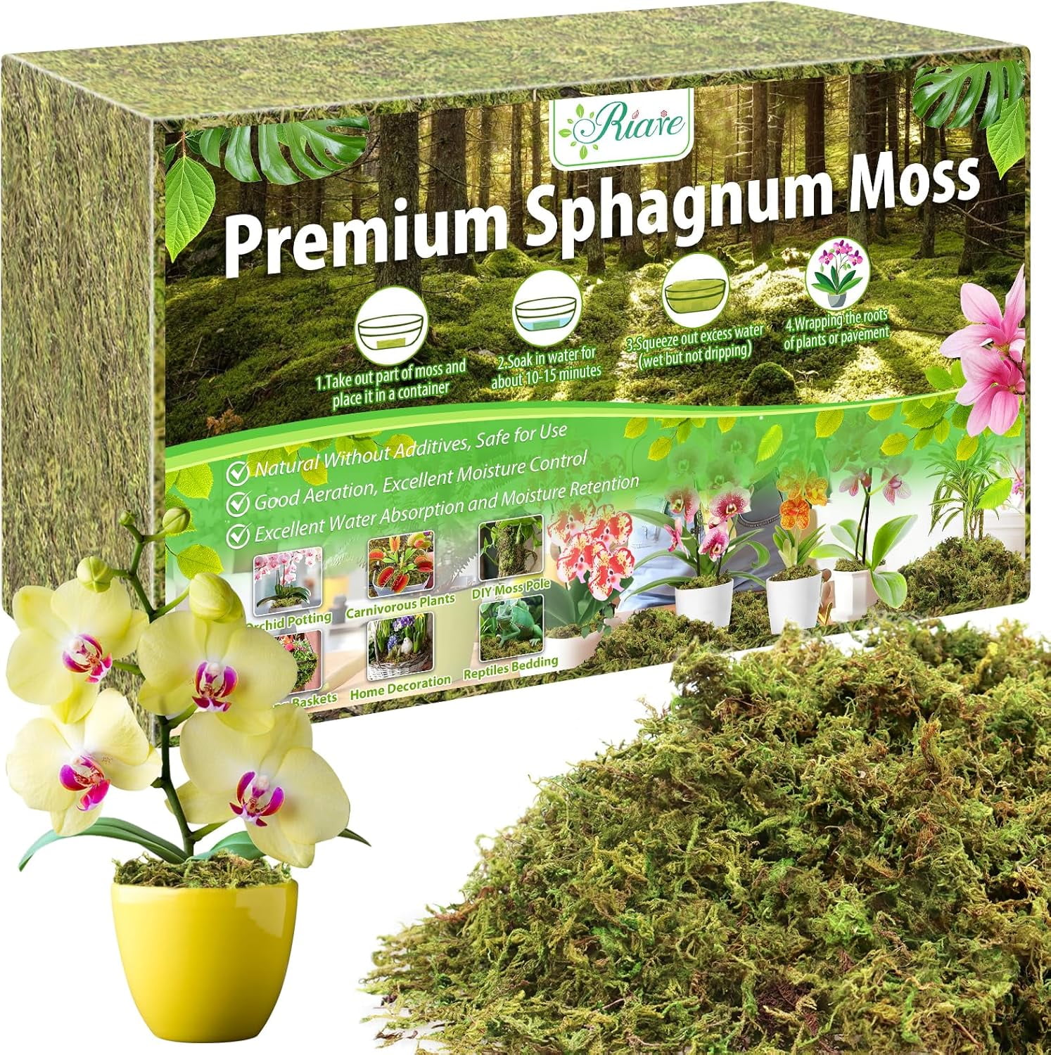 2.8LBS Premium Sphagnum Moss for Plants- 55QT Natural Dried Plant Moss for Potted Plants, Orchid Moss for Repotting, Soft Green Decorative Moss for Succulents, Reptiles & DIY Crafts