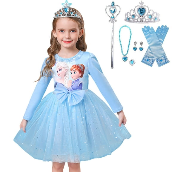 2-8T Girl Elsa Long Sleeve Princess Dress Costume for Birthday Party Halloween Cosplay Fancy Dress Up