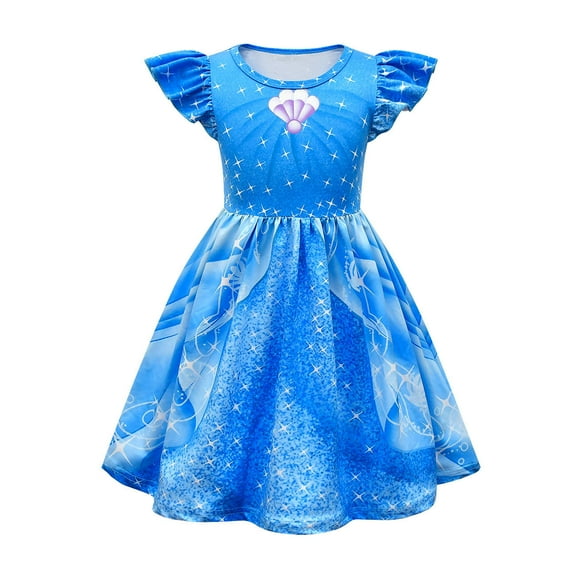 2-8T Girls Cartoon Mermaid Short Sleeve Princess Dress Kids Party Dress W/Bag