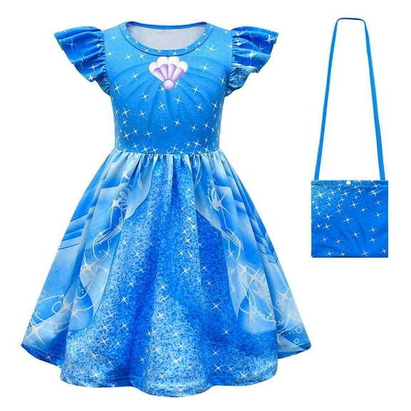 2-8T Girls Cartoon Mermaid Short Sleeve Princess Dress Kids Party Dress W/Bag