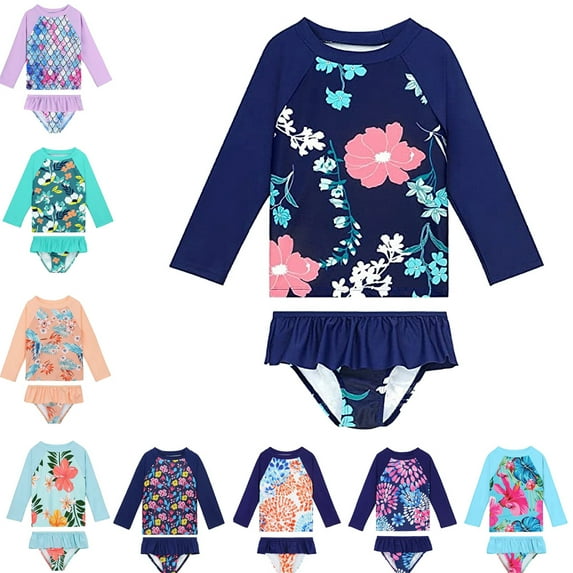2-8Y Girls' Printed Long Sleeve Rashguard UPF 50+ Two Piece Swim Set