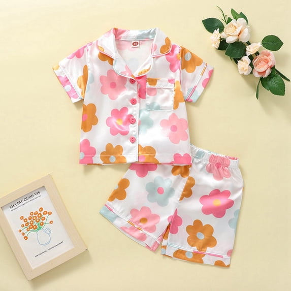2-8Y Toddler Little Girls Summer Pajamas Set Short Sleeve Floral Shirts and Shorts 2PCS Sleepwear Pjs Set