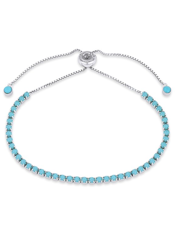 2.8mm Blue Nano Cubic Zirconia CZ Crystal Faux Turquoise Bolo Style Slide-Clasp Tennis Bracelet in .925 Sterling Silver