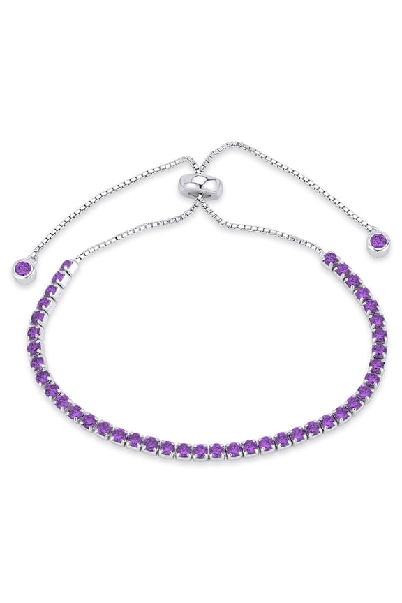 2.8mm Faux Amethyst Purple Cubic Zirconia CZ Crystal Bolo Style Slide-Clasp Tennis Bracelet in .925 Sterling Silver