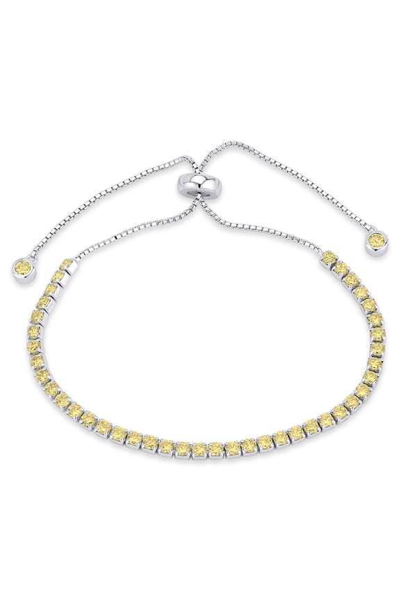 2.8mm Faux Citrine Yellow Cubic Zirconia CZ Crystal Bolo Style Slide-Clasp Tennis Bracelet in .925 Sterling Silver