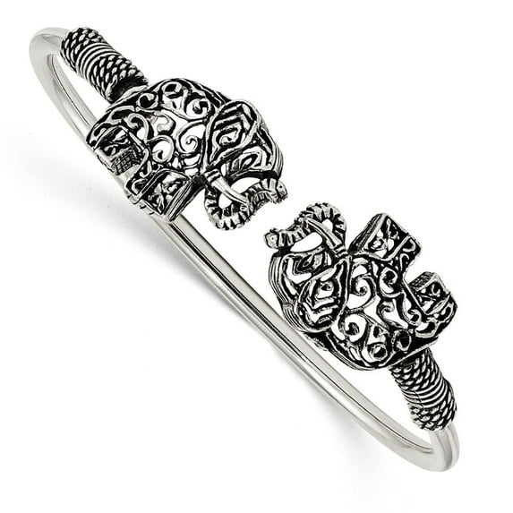 2.8mm Sterling Silver Polished Antiqued Filigree Elephants Flexible Bangle Bracelet - 12.0 Grams
