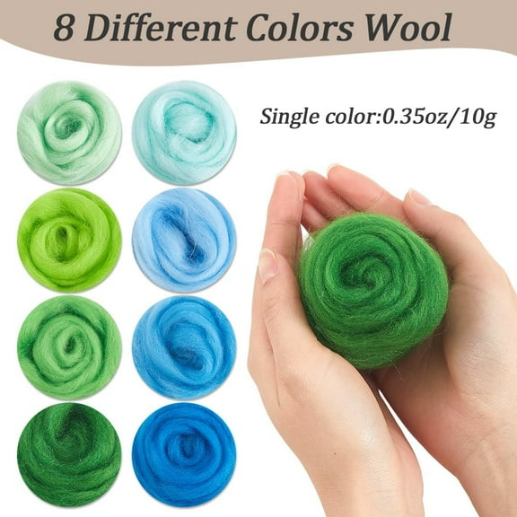 2.8oz 8 Rolls Green Blue Needle Felting Knitting Roving Wool Fibre Yarn Dry Wet Felt Hand Spinning Wools for Sewing Making Woolen Painting Beginners Handmade Material DIY Craft Supplies