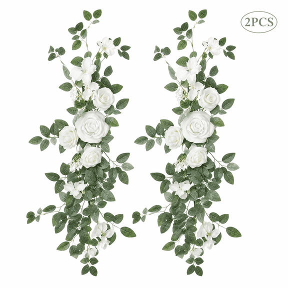 2/8pcs Wedding Chair Decorations Aisle Pew Church Artificial Flowers Greenery Swag White Sage Green Bench Ceremony Reception Floral Faux Backdrop Rose Arrangements Party Outdoor Decorations